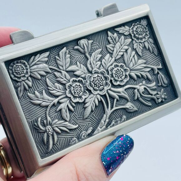 Small Floral Rectangular Pewter Silver Lined Trinket Jewelry Box Hinged Lid - Picture 4 of 10